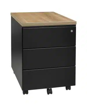 Zwarte ladekast met een licht houten deksel.