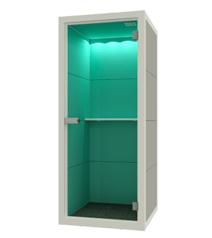 Akoestische belcel met een grijze buitenkant en turquoise buitenkant, model telefooncel kantoor SIL02.