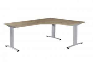 Hoekbureau met een rechtse hoek, aluminium poten en een licht houten blad.