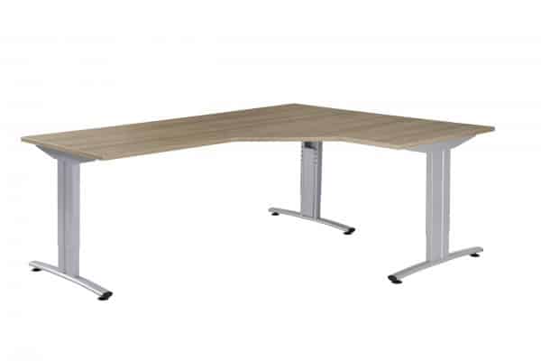 Hoekbureau met een rechtse hoek, aluminium poten en een licht houten blad.