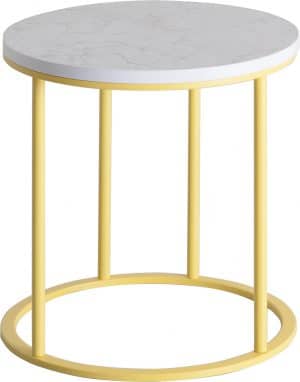 Witte achtergrond met daarop de lounge tafel rond H01. De poot is geel en daarop ligt een grijs blad.