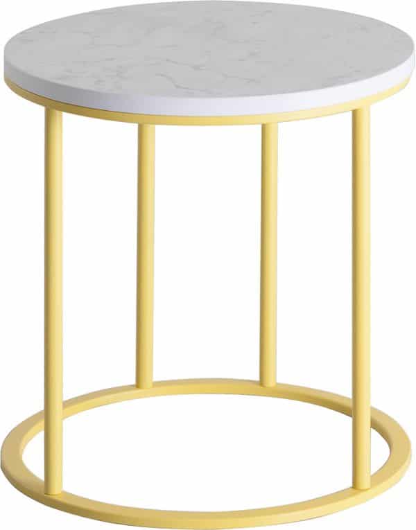 Witte achtergrond met daarop de lounge tafel rond H01. De poot is geel en daarop ligt een grijs blad.