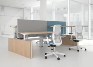 Duo zit sta bureau met wangen aan de zijkant. Tussen de bureaus zit een akoestisch paneel.