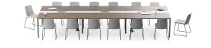 Witte achtergrond met daarvoor een vergadertafel. Dit is de vergadertafel 12 personen Nova. Deze is rechthoekig, met een donker houten blad en twaalf grijze stoelen eromheen.