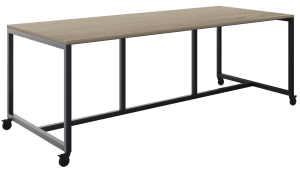 Witte achtergrond met daarvoor een verrijdbare vergadertafel. De vorm is rechthoekig. Het frame is zwart, met aan alle vier de hoeken zwenkwielen.