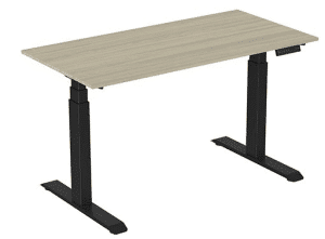 Witte achtergrond met daarvoor een sta bureau. Deze heeft een licht eiken blad en zwarte T-voet. Rechts zit het memorydisplay. Dit is het zit-sta bureau elektrisch 160x80 Ergonice.