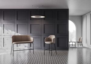 Hoge loungebanken FLOS in het taupe.