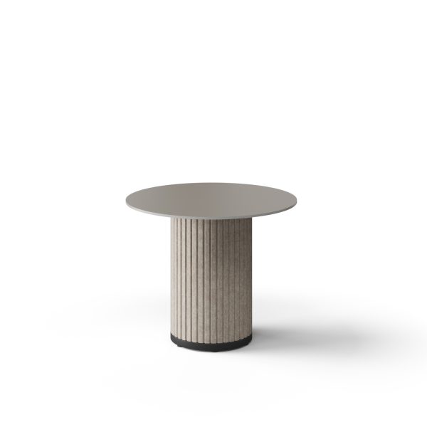 Witte achtergrond met daarop een ronde vergadertafel met een kolompoot. Deze is beige. Het is de ronde vergadertafel 4 personen Parthos.