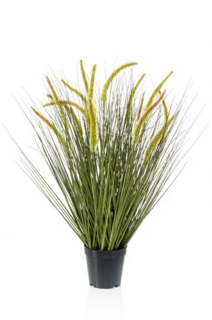 Kunstplant met zwarte pot, met daarin nagebootste rietgras: de kantoorplant Cattail Grass.