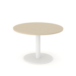 Ronde tafel Forum van 120 cm doorsnede met witte kolompoot en licht houten blad.
