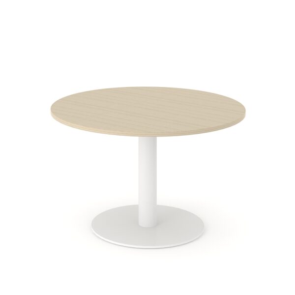 Ronde tafel Forum van 120 cm doorsnede met witte kolompoot en licht houten blad.
