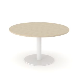 Ronde tafel Forum van 140cm doorsnede met witte kolompoot en lichte houten blad.