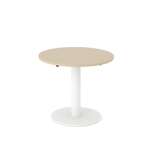 Ronde tafel Forum met een witte kolompoot en licht houten blad.