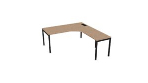Hoekbureau met een zwart bureau-onderstel en licht bureaublad.