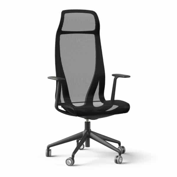 Zwarte directiestoel met volledige netweave rugleuning en zitting.