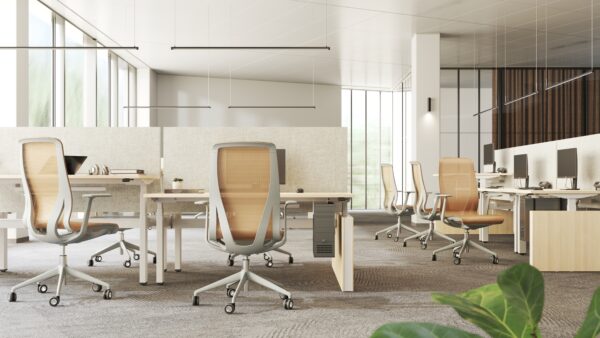 D-Chairs in het wit met zacht oranje in een kantoorsetting.