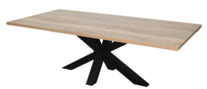 Vergadertafel met licht houten rechthoek blad en zwarte spinpoot.