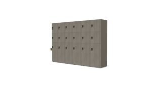 Hoge lockerkast met slot in een bruine kleur.