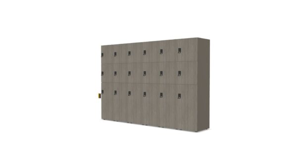 Hoge lockerkast met slot in een bruine kleur.