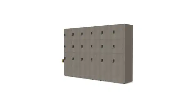 Hoge lockerkast met slot in een bruine kleur.