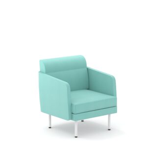 Groenblauwe loungestoel met een vierkant model en lage rug.