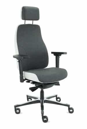 De bureaustoel Therapod X2 HR met donkergrijze zitting en lichtgrijze wolvilt rug.