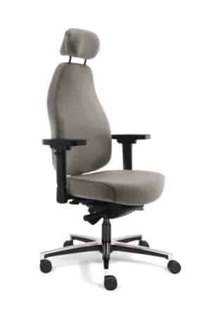 Grijze bureaustoel Therapod X HR met een hoofdsteun. Het onderstel is zwart met wielen.