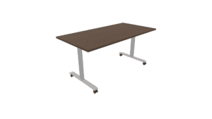 Klaptafel op wielen met een donker eiken blad en aluminium poten.
