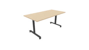 Inklaptafel met een zwarte poot en licht houten blad.