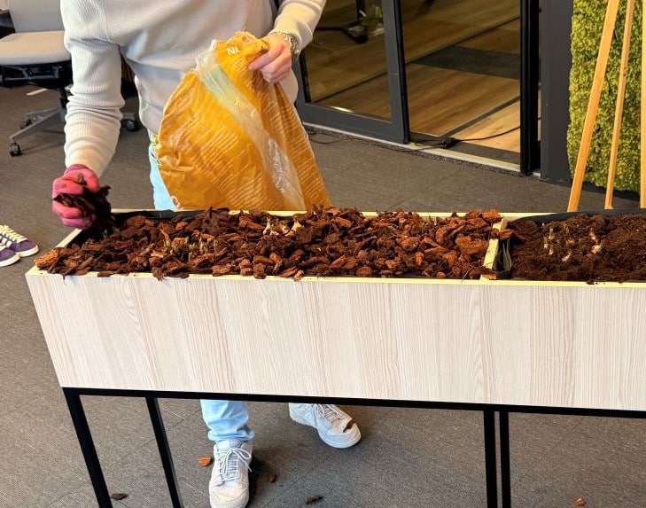 Joan bekleedt de gevulde plantenbak met Franse schors.