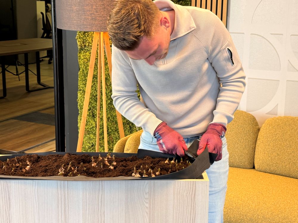 Joan snijdt het folie af boven de plantenbak.