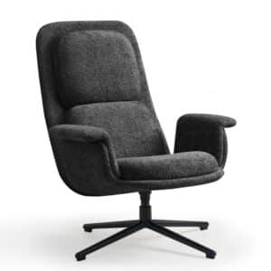 Zwarte fauteuil 927 met zachte rugleuning en zitting en kruisvoet.