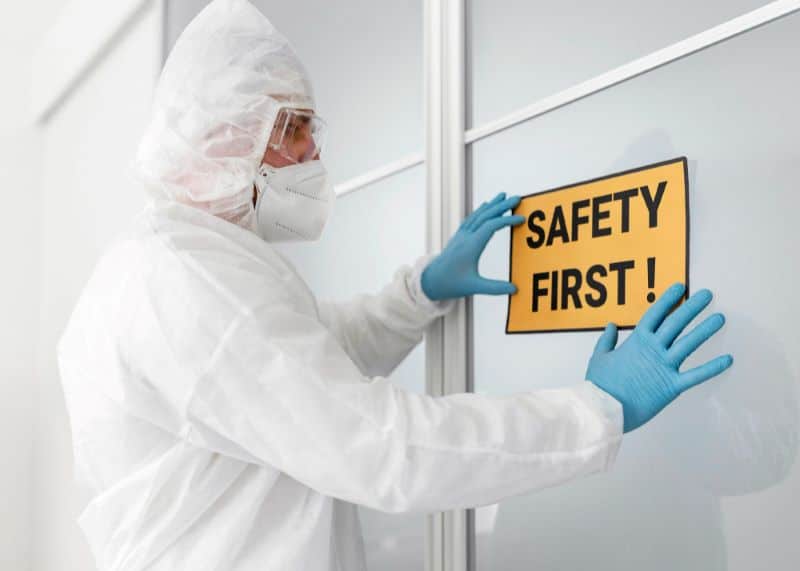 Ziekenhuisomgeving met een man met "safety first" voor brandveiligheid zorg.