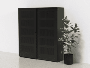Zwarte akoestische kast met plant ernaast.