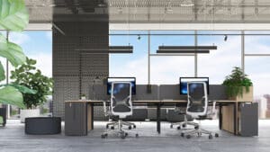 Werkplekken met uitschuifbare kast Boxi eronder.