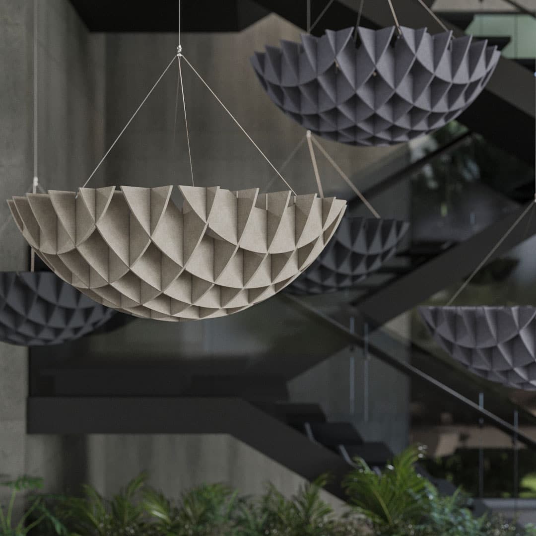 Vilten akoestische plafondoplossingen. Geometrische vormen hangend