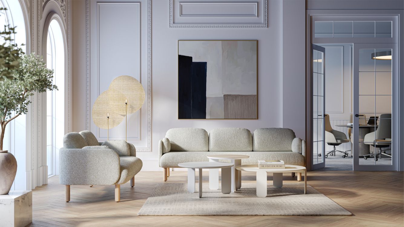 Beige 2 zits en 3 zits loungebank in ontvangstruimte kantoor. Japandi stijl