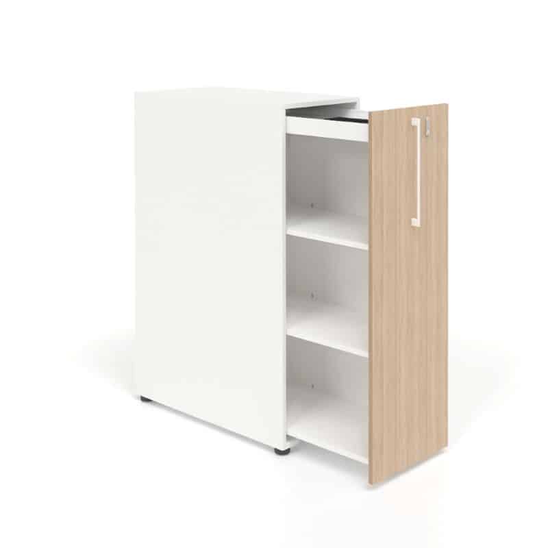 Uitschuifbare kast met 3 laden & 1 pennenlade Boxi met drie laden en een pennenlade in wit en lichteiken.
