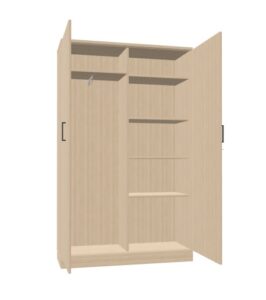 Lichthouten garderobekast met open deuren.