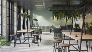 Hoge tafels met hoger metalen buisframe waar planten aan kunnen