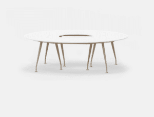 Ronde vergadertafel Sirio met wit blad en bruine poten.