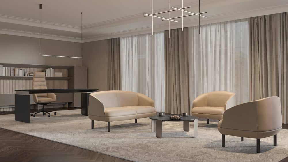 Ontvangstruimte banken en stoelen in het zand en beige.