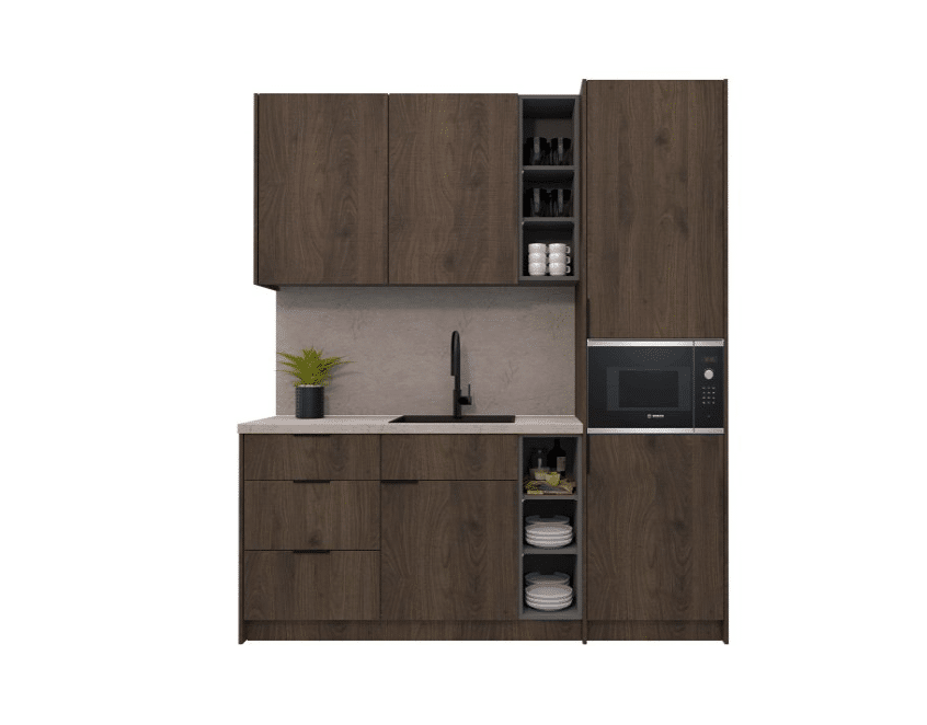 Donkerhouten pantry keuken met gootsteen.