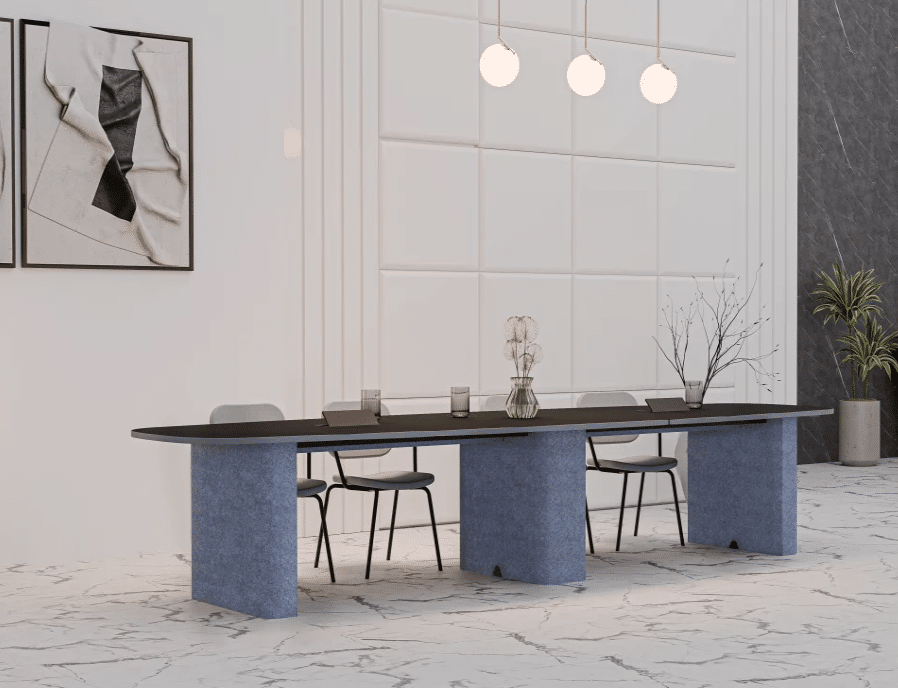 Eleganza vergadertafel met blauwe poten.