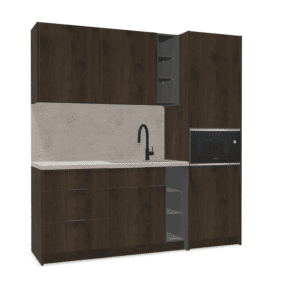 Donker houten keukenpantry met gootsteen.