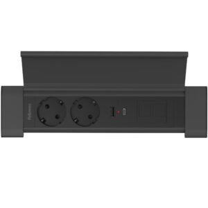 Zwarte inbouw stekkerdoos Desk In Cover – 2 x 230V, USB-A/C met Keystones.