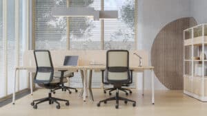 Twee Eiran bureaustoelen achter een bureau.
