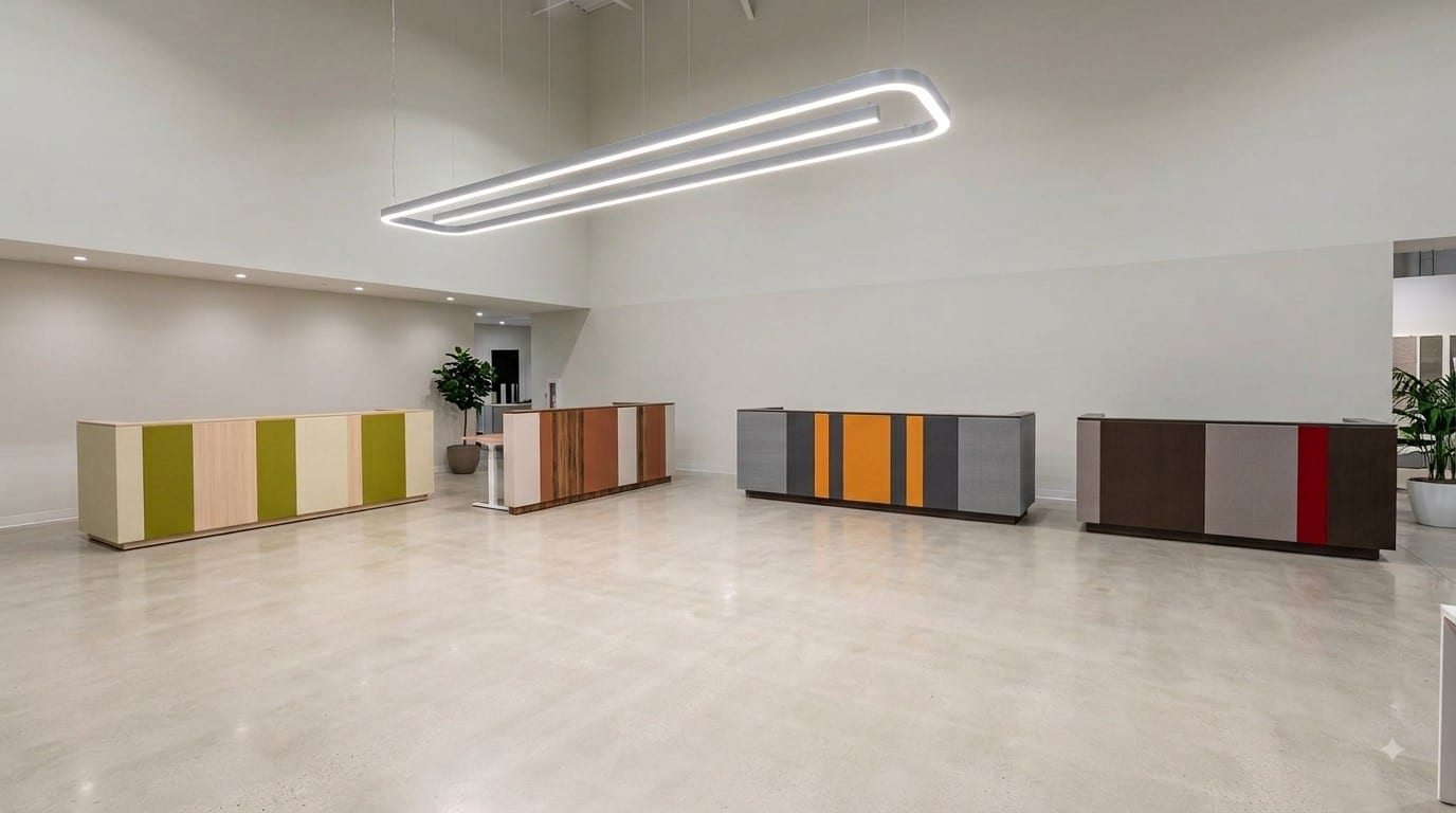 Showroom met 4x de Domino receptiebalie.